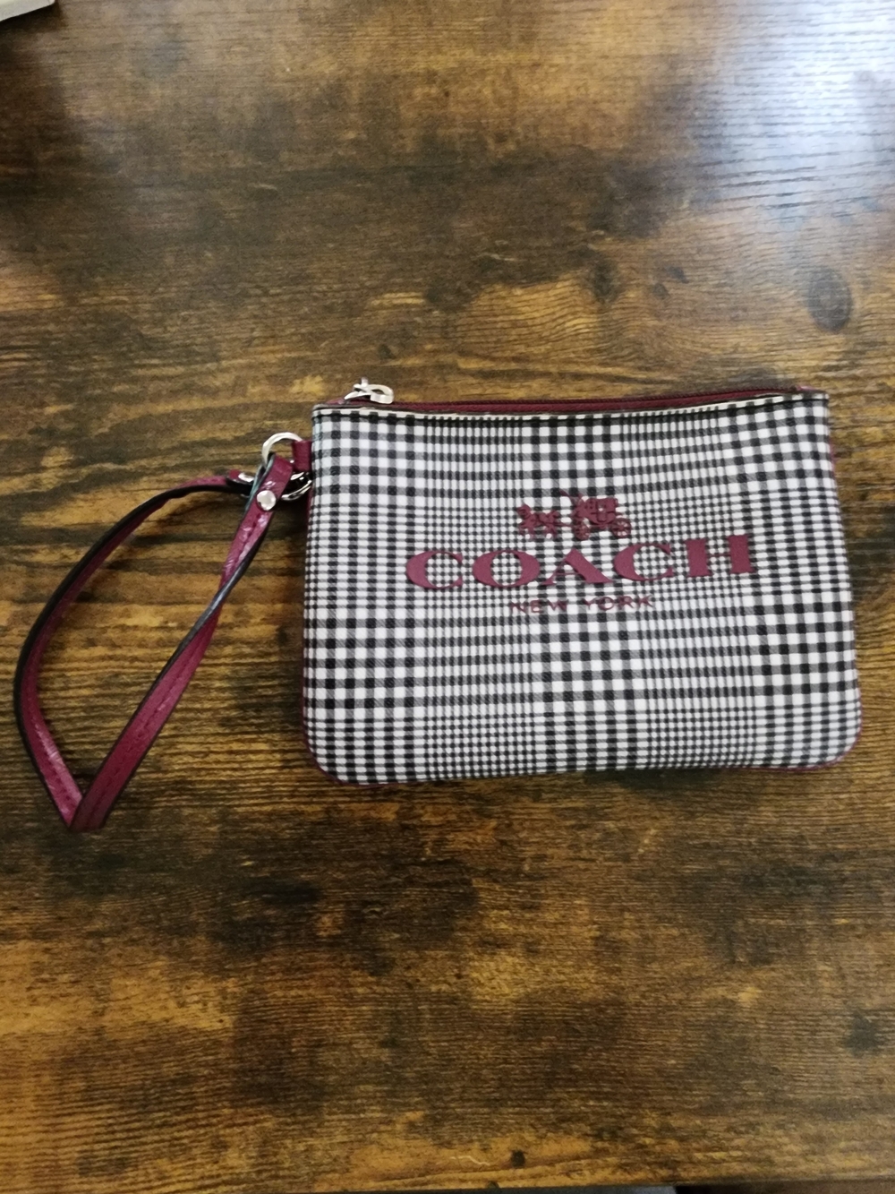 COACH Black & White Plaid Wristlet with Burgundy Horse Abd Carriage Logo